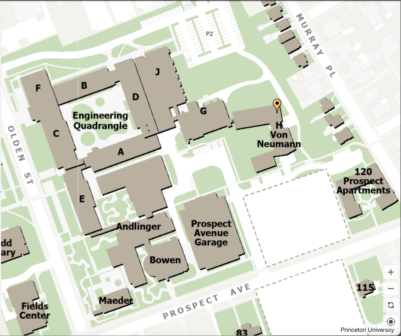 A map showing the location of the Keller Center Makerspace in the H Wing of the Engineering Quadrangle