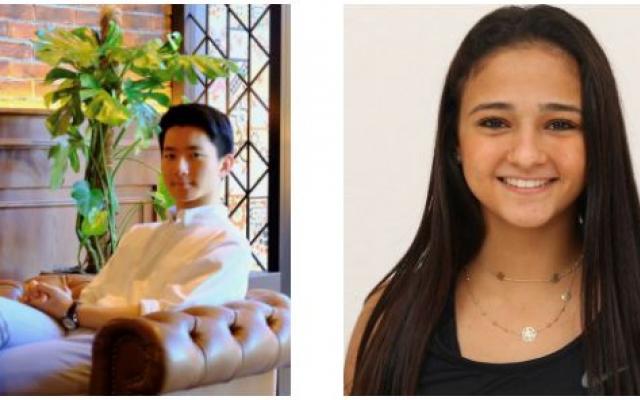 On the left a Yyung man sitting in a leather chair on the right a headshot of a smiling young women.