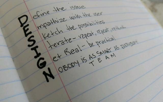 the word DESIGN as an acronym for define the issue, empathize with the user, sketch the possibilities, iterate, get real, nobody is as smart as everybody