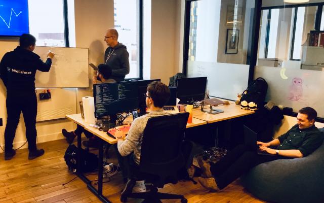 Four people working around a whiteboard and desks at Wellsheet